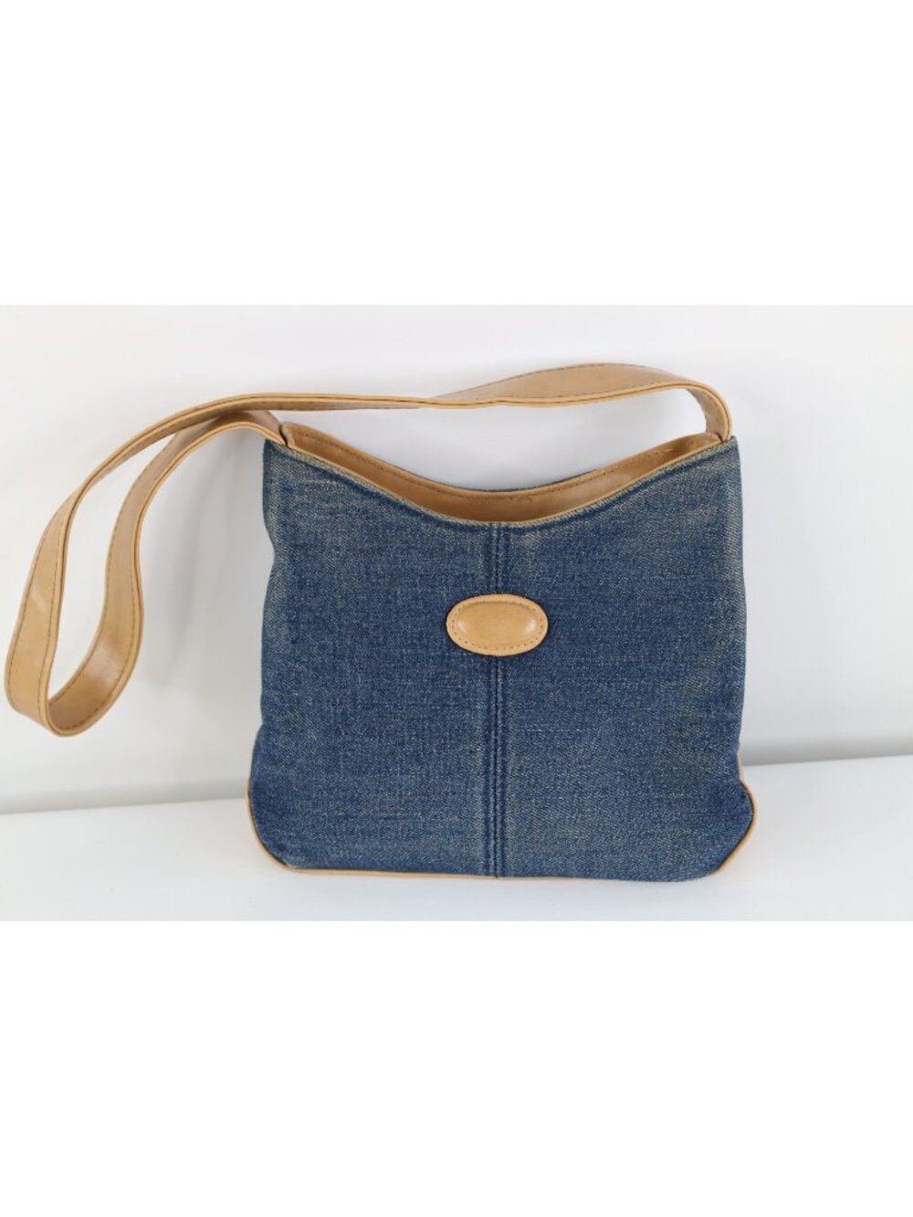 Vtg 90s Y2K Streetwear Babydoll Distressed Leather Trim Denim Purse Shoulder Bag